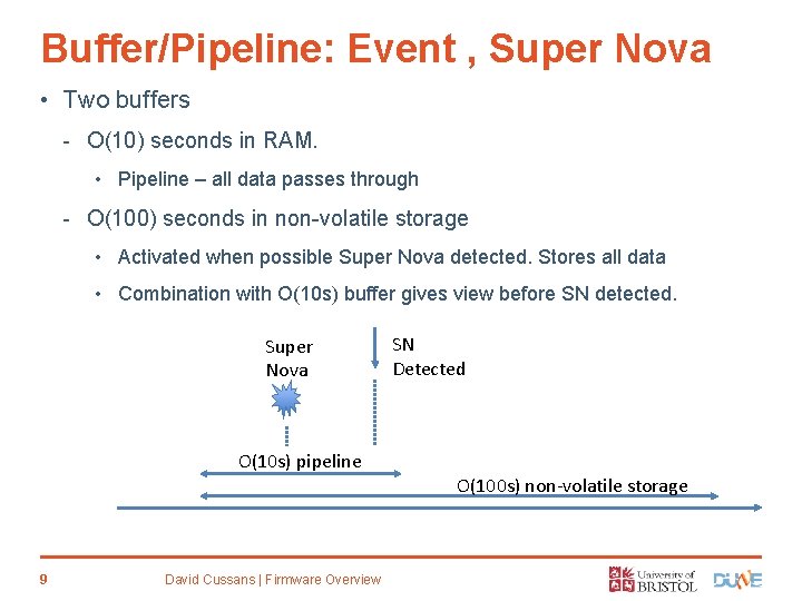 Buffer/Pipeline: Event , Super Nova • Two buffers - O(10) seconds in RAM. •