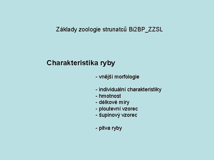 Základy zoologie strunatců Bi 2 BP_ZZSL Charakteristika ryby - vnější morfologie - individuální charakteristiky