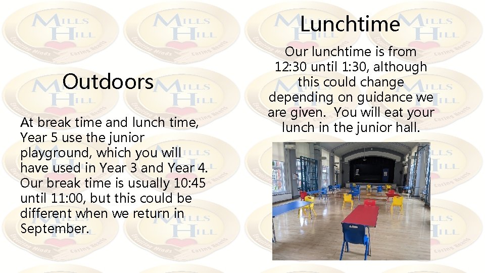 Lunchtime Outdoors At break time and lunch time, Year 5 use the junior playground,