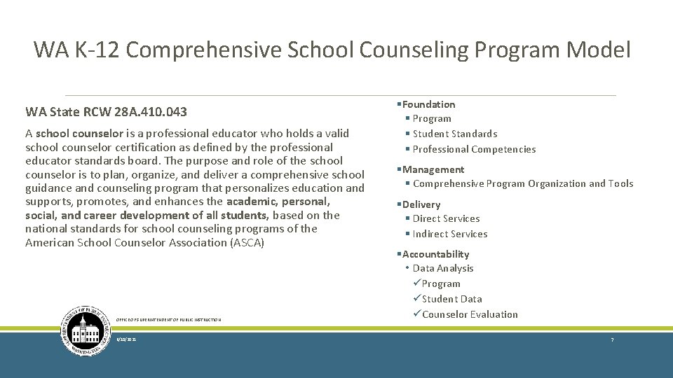 WA K-12 Comprehensive School Counseling Program Model WA State RCW 28 A. 410. 043