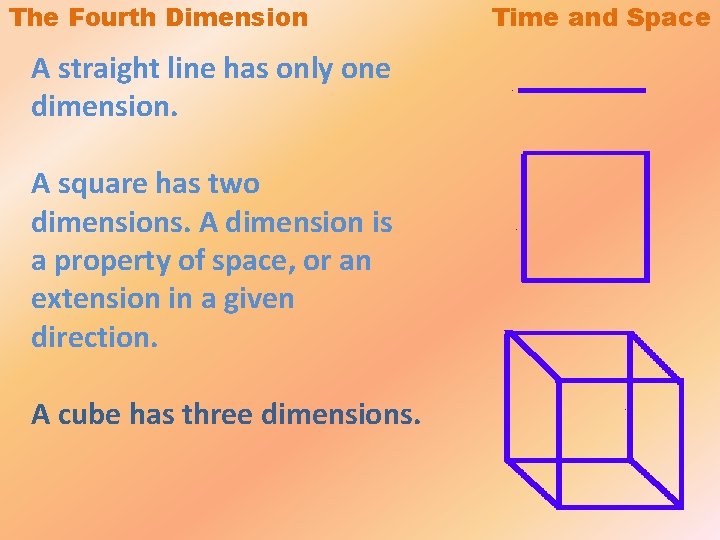 The Fourth Dimension A straight line has only one dimension. A square has two