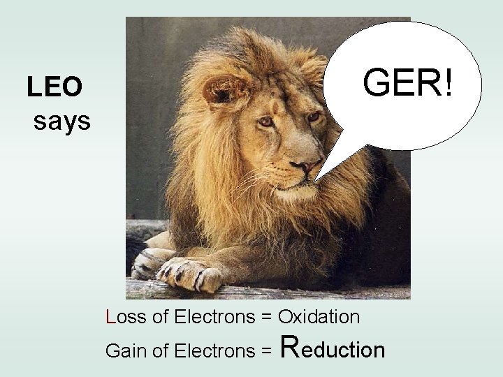 GER! LEO says Loss of Electrons = Oxidation Gain of Electrons = Reduction 