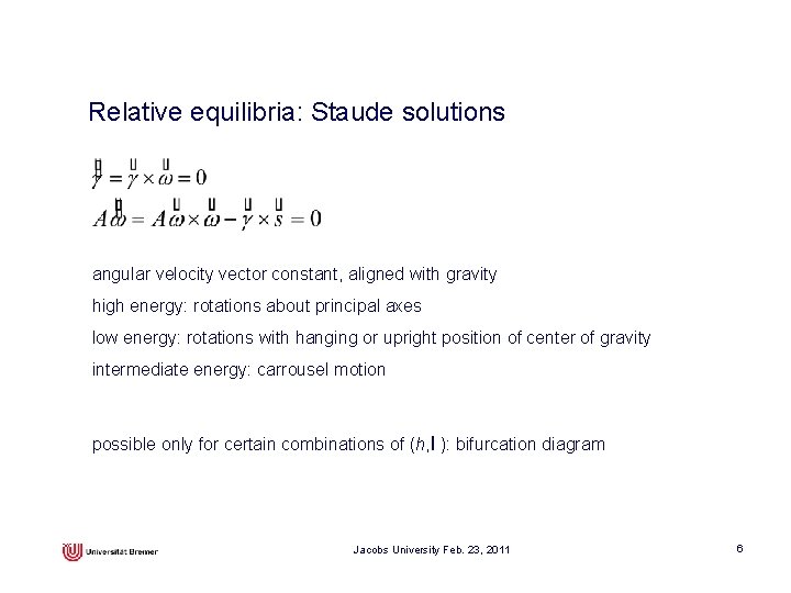 Relative equilibria: Staude solutions angular velocity vector constant, aligned with gravity high energy: rotations