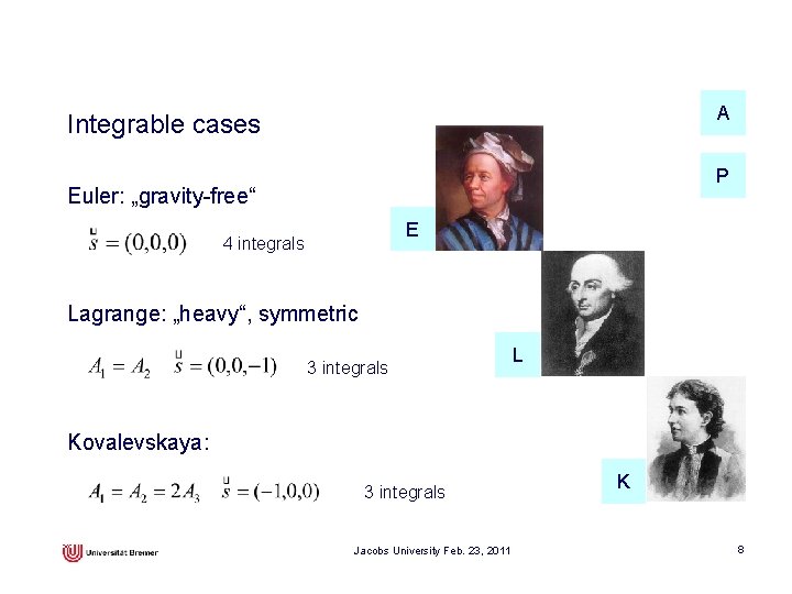 A Integrable cases P Euler: „gravity-free“ E 4 integrals Lagrange: „heavy“, symmetric 3 integrals