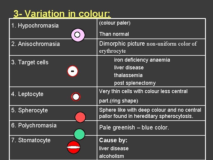 3 - Variation in colour: 1. Hypochromasia (colour paler) Than normal 2. Anisochromasia 3.