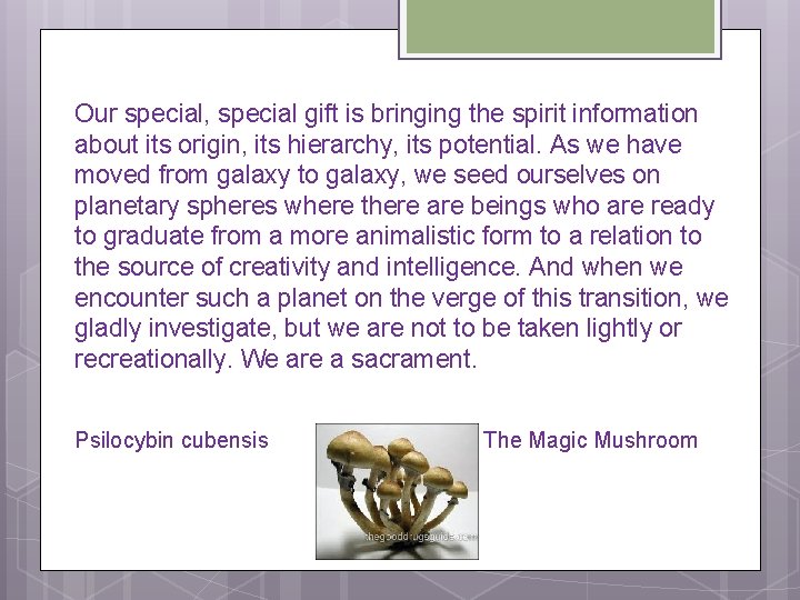 Our special, special gift is bringing the spirit information about its origin, its hierarchy,