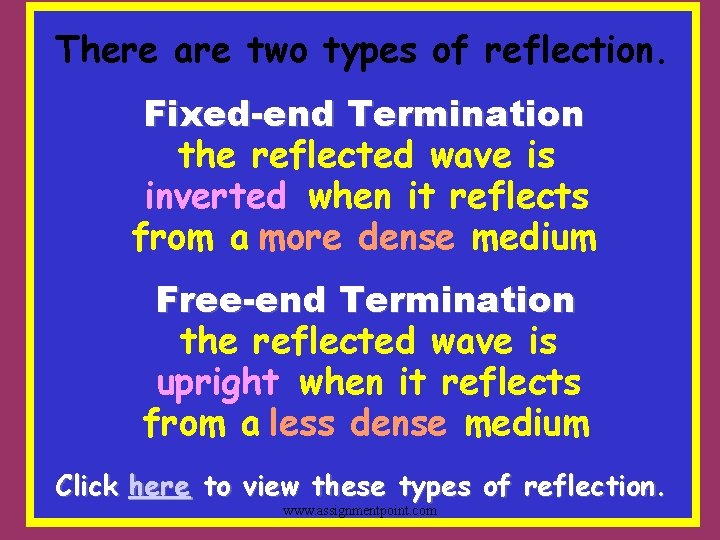 There are two types of reflection. Fixed-end Termination the reflected wave is inverted when