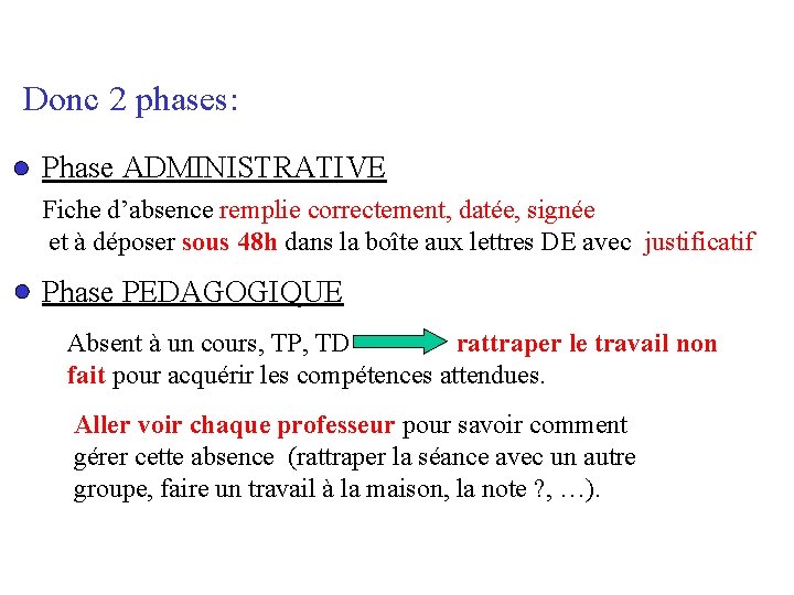 Donc 2 phases: Phase ADMINISTRATIVE Fiche d’absence remplie correctement, datée, signée et à déposer Donc 2 phases: Phase ADMINISTRATIVE Fiche d’absence remplie correctement, datée, signée et à déposer
