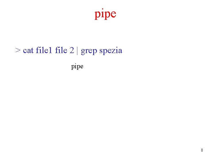 pipe > cat file 1 file 2 | grep spezia pipe 8 