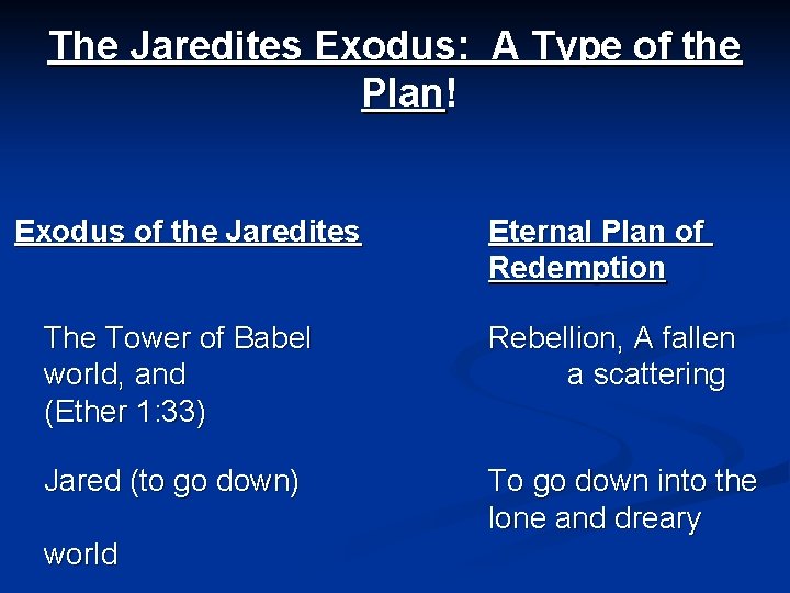 The Jaredites Exodus: A Type of the Plan! Exodus of the Jaredites Eternal Plan