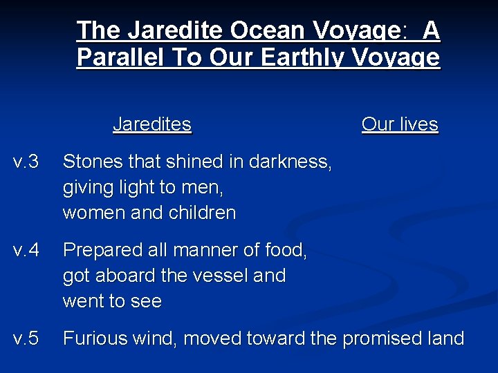 The Jaredite Ocean Voyage: A Parallel To Our Earthly Voyage Jaredites Our lives v.