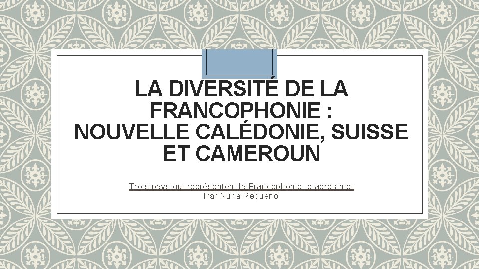 LA DIVERSITÉ DE LA FRANCOPHONIE : NOUVELLE CALÉDONIE, SUISSE ET CAMEROUN Trois pays qui