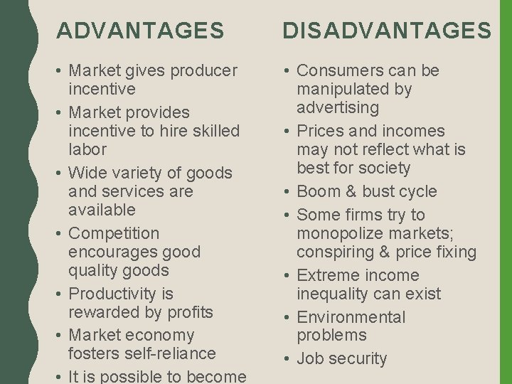 ADVANTAGES DISADVANTAGES • Market gives producer incentive • Market provides incentive to hire skilled