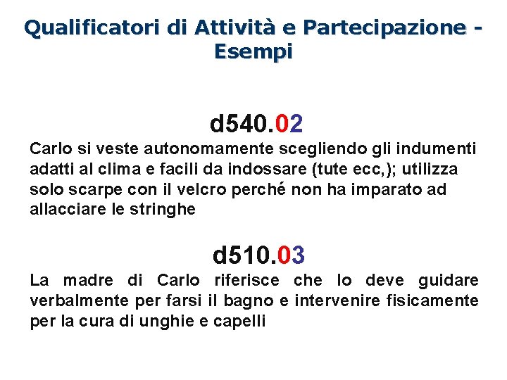 Qualificatori di Attività e Partecipazione Esempi d 540. 02 Carlo si veste autonomamente scegliendo Qualificatori di Attività e Partecipazione Esempi d 540. 02 Carlo si veste autonomamente scegliendo