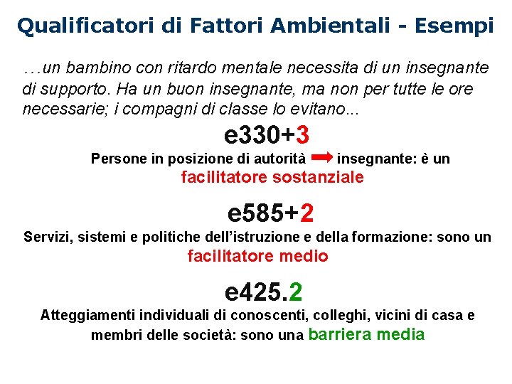 Qualificatori di Fattori Ambientali - Esempi …un bambino con ritardo mentale necessita di un Qualificatori di Fattori Ambientali - Esempi …un bambino con ritardo mentale necessita di un