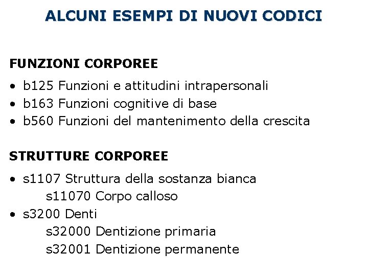 ALCUNI ESEMPI DI NUOVI CODICI FUNZIONI CORPOREE • b 125 Funzioni e attitudini intrapersonali ALCUNI ESEMPI DI NUOVI CODICI FUNZIONI CORPOREE • b 125 Funzioni e attitudini intrapersonali