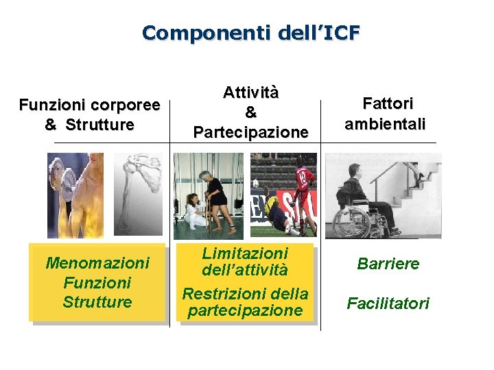 Componenti dell’ICF Funzioni corporee & Strutture Menomazioni Funzioni Strutture Attività & Partecipazione Limitazioni dell’attività Componenti dell’ICF Funzioni corporee & Strutture Menomazioni Funzioni Strutture Attività & Partecipazione Limitazioni dell’attività