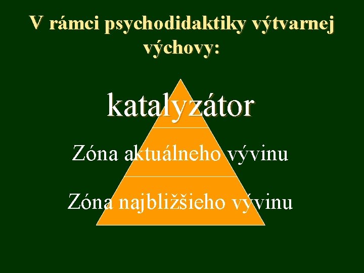 V rámci psychodidaktiky výtvarnej výchovy: katalyzátor Zóna aktuálneho vývinu Zóna najbližšieho vývinu 