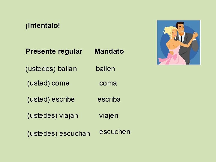 ¡Intentalo! Presente regular Mandato (ustedes) bailan bailen (usted) come coma (usted) escribe escriba (ustedes)