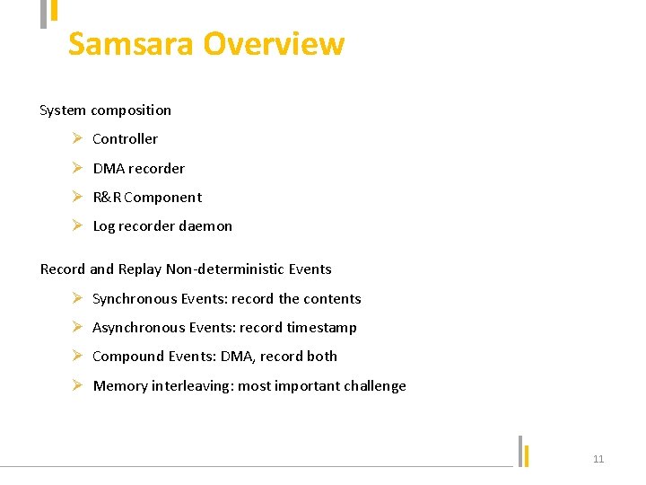 Samsara Overview System composition Ø Controller Ø DMA recorder Ø R&R Component Ø Log