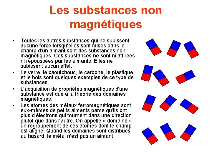 Les substances non magnétiques • • Toutes les autres substances qui ne subissent aucune