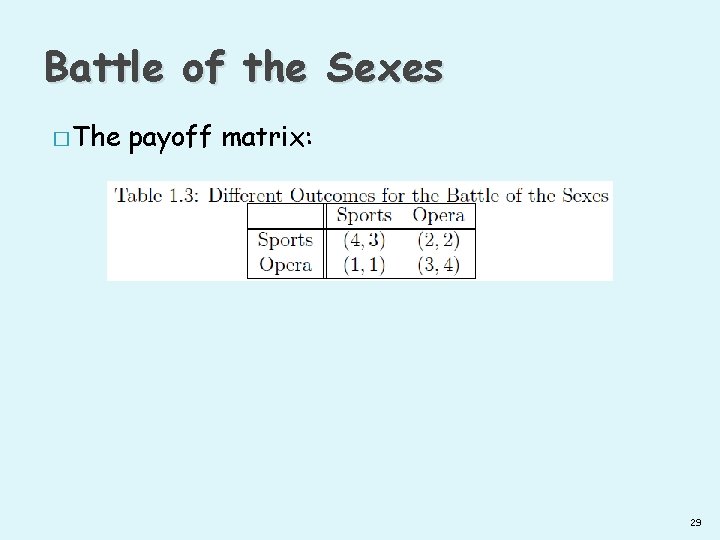 Battle of the Sexes � The payoff matrix: 29 