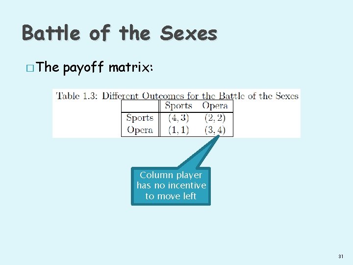 Battle of the Sexes � The payoff matrix: Column player has no incentive to