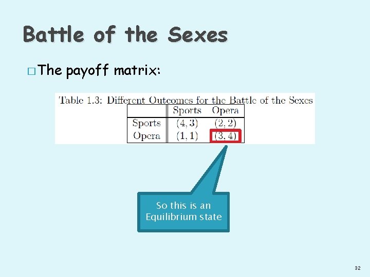 Battle of the Sexes � The payoff matrix: So this is an Equilibrium state