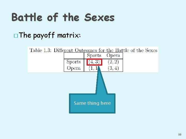 Battle of the Sexes � The payoff matrix: Same thing here 33 
