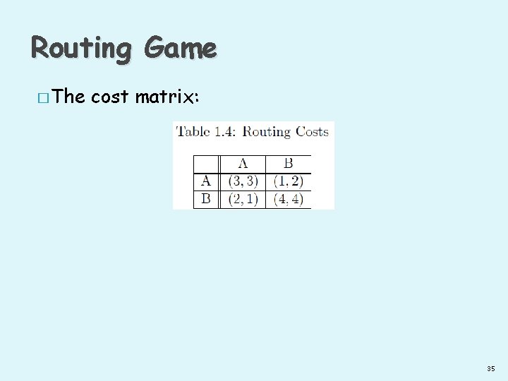 Routing Game � The cost matrix: 35 