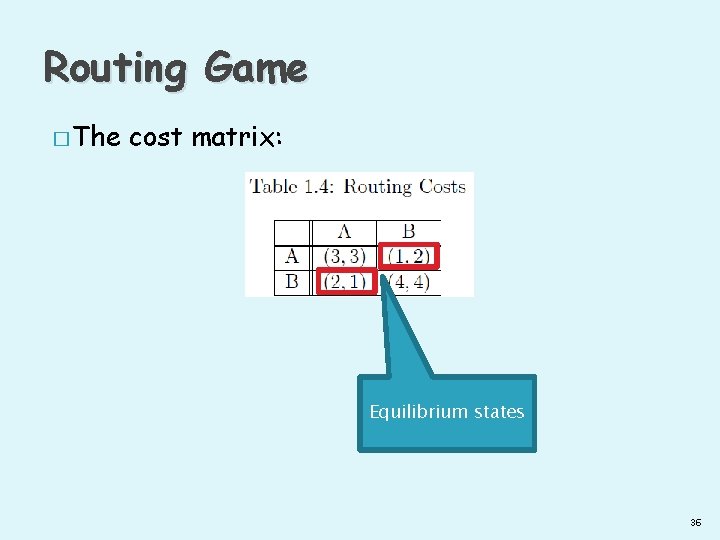 Routing Game � The cost matrix: Equilibrium states 36 
