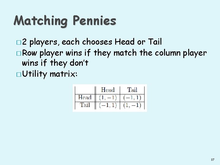 Matching Pennies � 2 players, each chooses Head or Tail � Row player wins