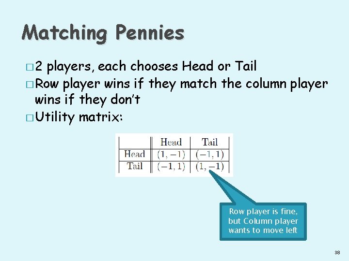 Matching Pennies � 2 players, each chooses Head or Tail � Row player wins