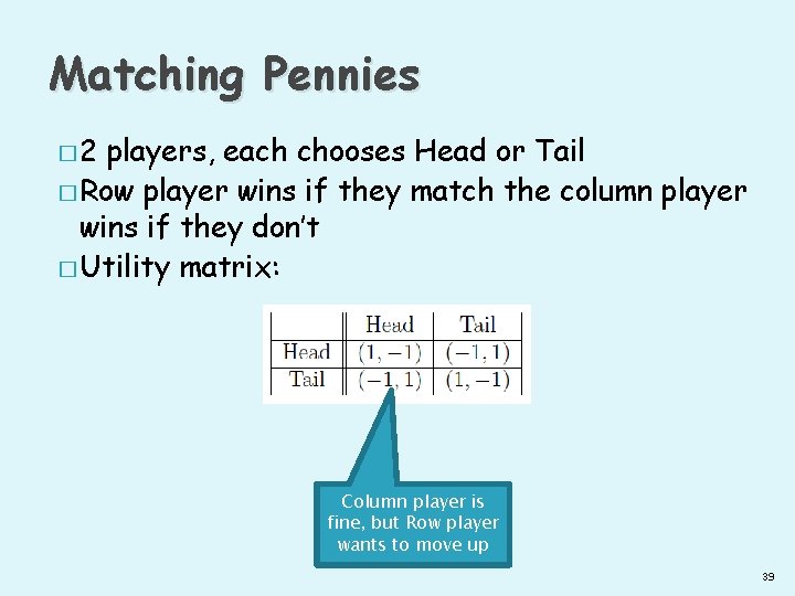 Matching Pennies � 2 players, each chooses Head or Tail � Row player wins