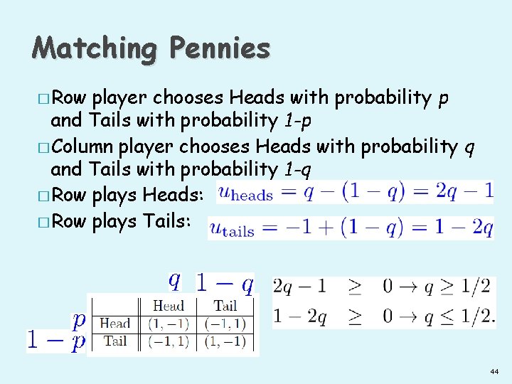 Matching Pennies � Row player chooses Heads with probability p and Tails with probability