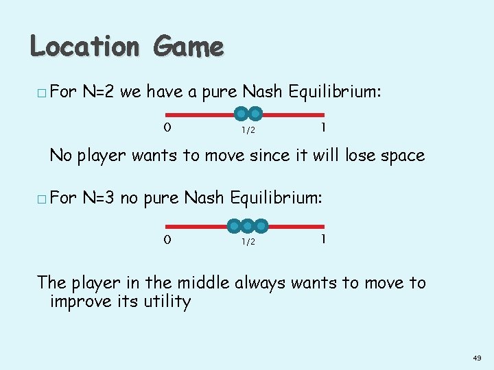 Location Game � For N=2 we have a pure Nash Equilibrium: 0 1/2 1