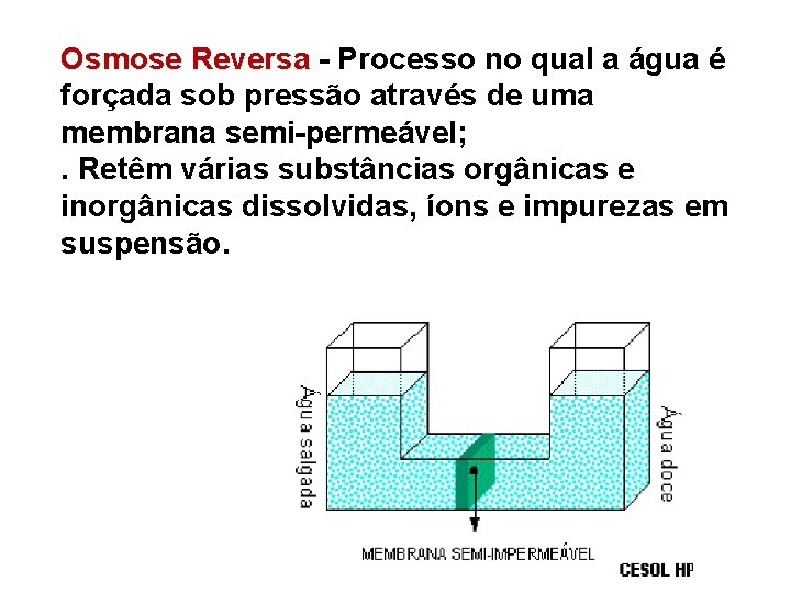 Osmose Reversa - Processo no qual a água é forçada sob pressão através de