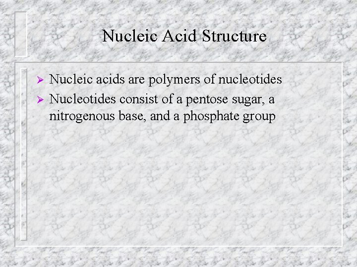 Nucleic Acid Structure Ø Ø Nucleic acids are polymers of nucleotides Nucleotides consist of