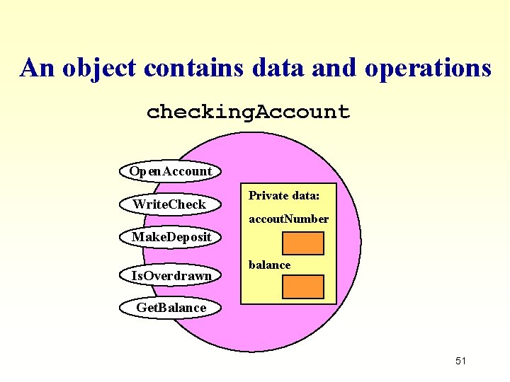 An object contains data and operations checking. Account Open. Account Write. Check Private data: An object contains data and operations checking. Account Open. Account Write. Check Private data: