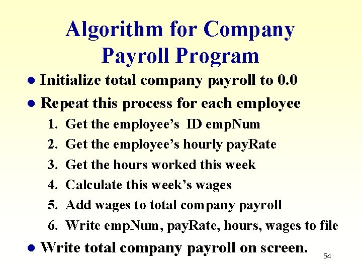 Algorithm for Company Payroll Program Initialize total company payroll to 0. 0 l Repeat Algorithm for Company Payroll Program Initialize total company payroll to 0. 0 l Repeat