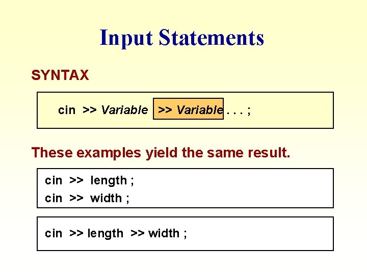 Input Statements SYNTAX cin >> Variable. . . ; These examples yield the same Input Statements SYNTAX cin >> Variable. . . ; These examples yield the same