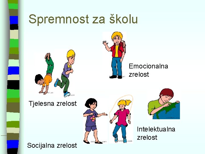 Spremnost za školu Emocionalna zrelost Tjelesna zrelost Intelektualna zrelost Socijalna zrelost 