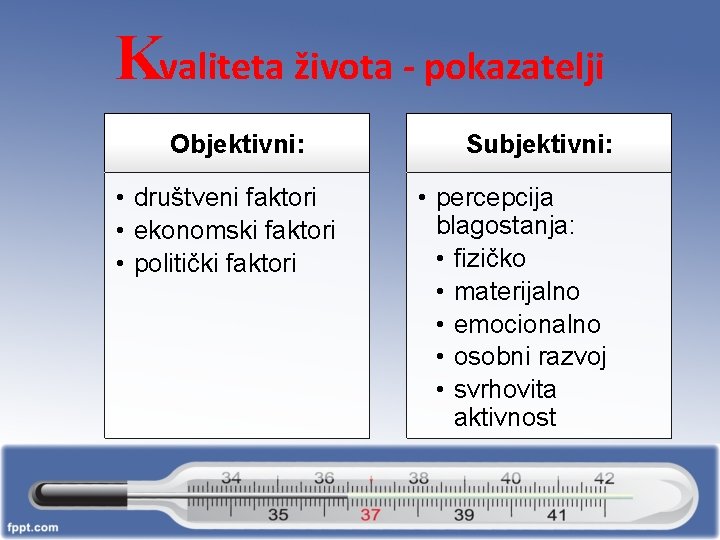 Kvaliteta života - pokazatelji Objektivni: • društveni faktori • ekonomski faktori • politički faktori