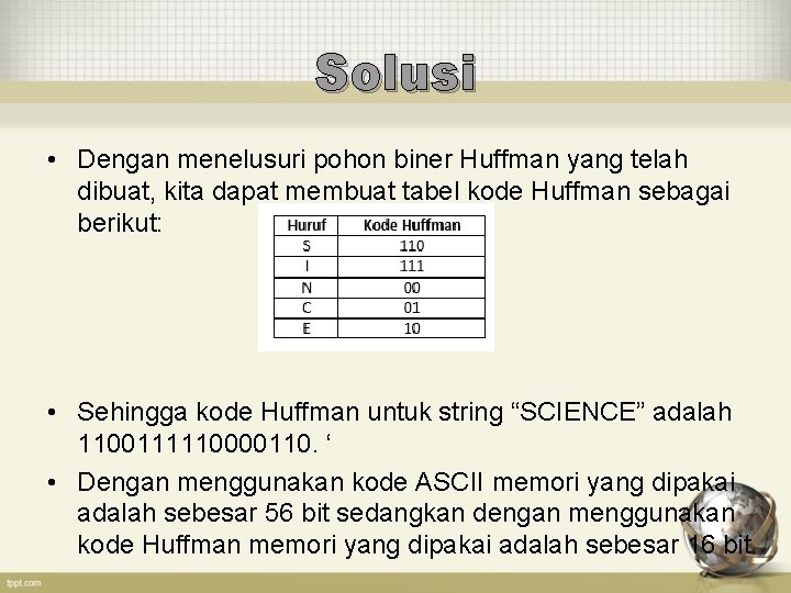 Solusi • Dengan menelusuri pohon biner Huffman yang telah dibuat, kita dapat membuat tabel