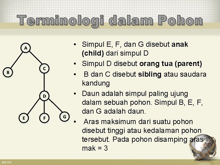 Terminologi dalam Pohon • Simpul E, F, dan G disebut anak (child) dari simpul