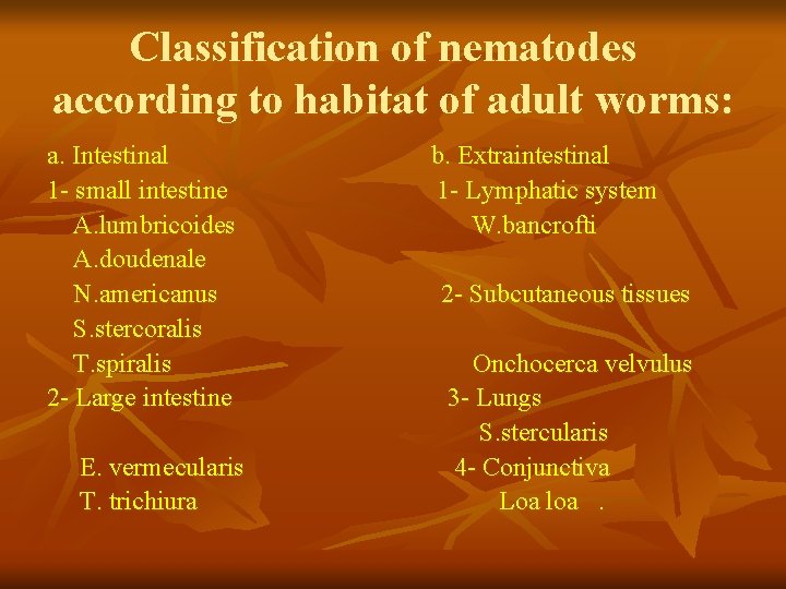 Classification of nematodes according to habitat of adult worms: a. Intestinal 1 - small Classification of nematodes according to habitat of adult worms: a. Intestinal 1 - small