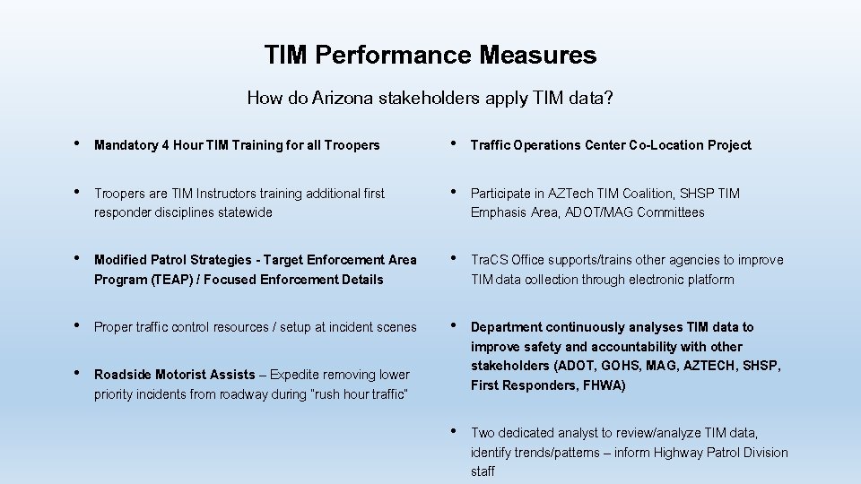TIM Performance Measures How do Arizona stakeholders apply TIM data? • Mandatory 4 Hour TIM Performance Measures How do Arizona stakeholders apply TIM data? • Mandatory 4 Hour