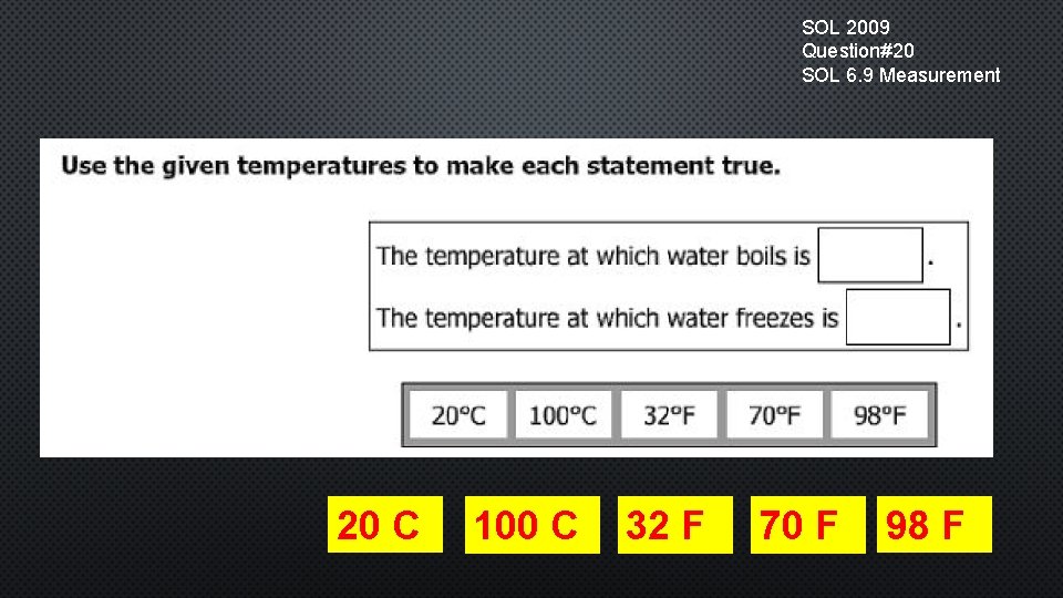 SOL 2009 Question#20 SOL 6. 9 Measurement 20 C 100 C 32 F 70