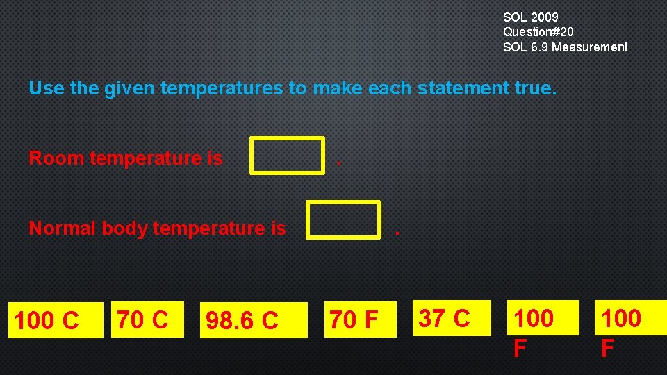 SOL 2009 Question#20 SOL 6. 9 Measurement Use the given temperatures to make each