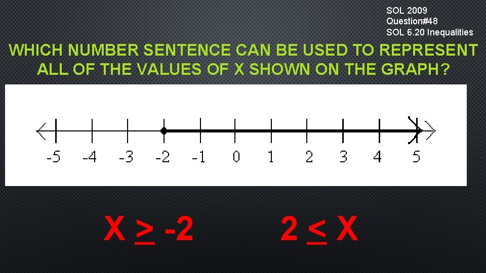 SOL 2009 Question#48 SOL 6. 20 Inequalities WHICH NUMBER SENTENCE CAN BE USED TO